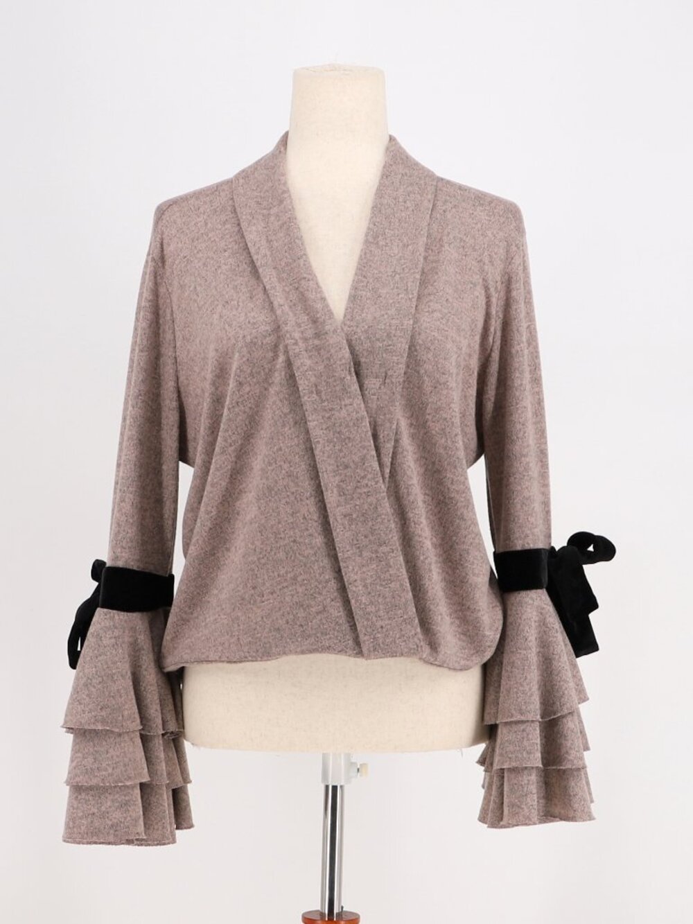 MISA Wrap Knit Top Ruffle Bell Sleeve Velvet Ribbon Bow Tie Size XS